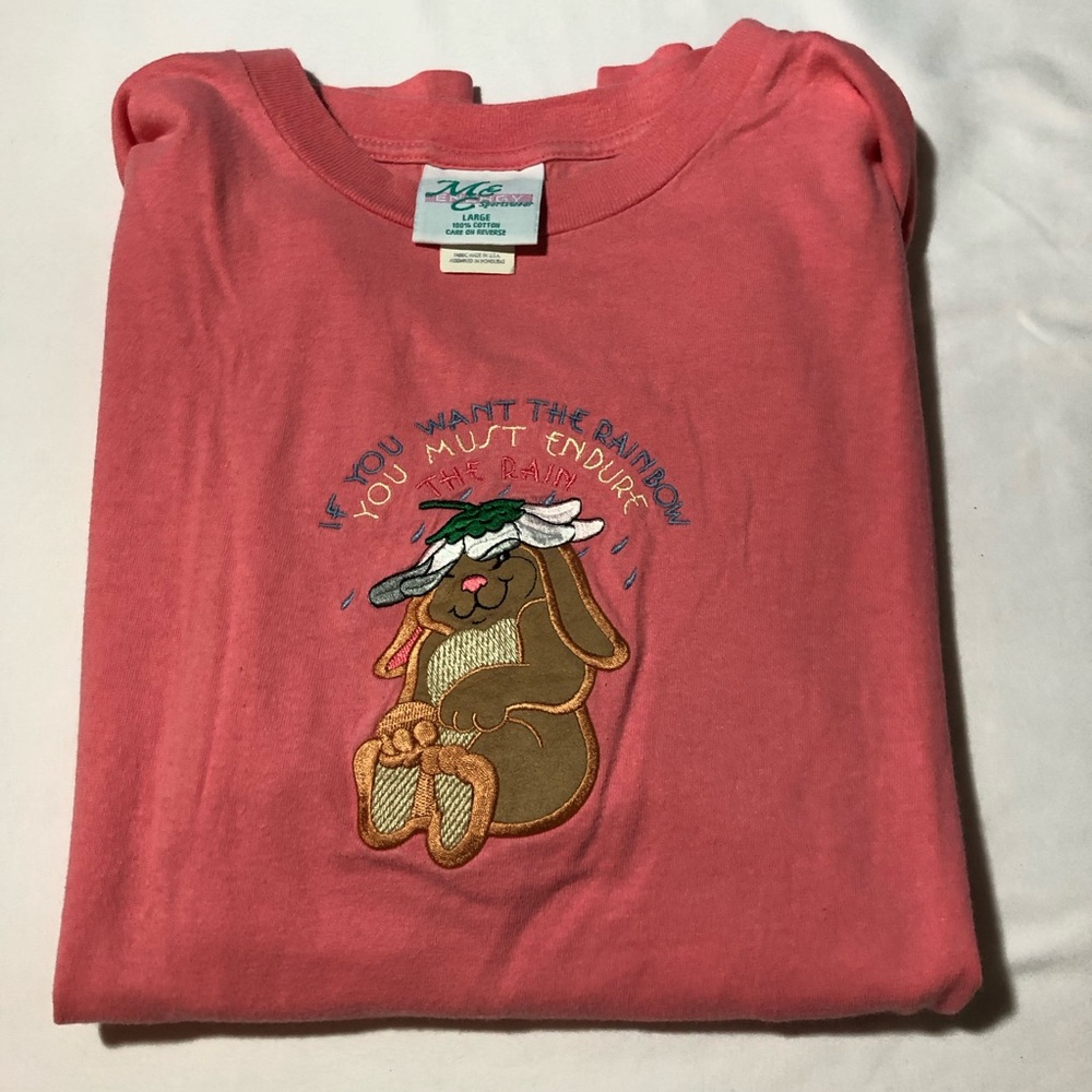 Vintage cotton pink tshirt velvet embroidered bunny rabbit granny gardening L